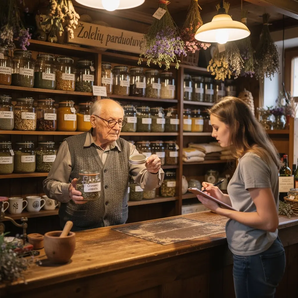 Česnakinės žolelių arbatos puodelis, šviežiai paruoštas ir garuojantis.