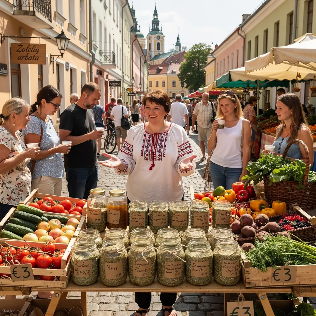 Arbatos ingredientai: česnakas, žolelės ir džiovinti vaisiai, gražiai išdėstyti ant stalo.