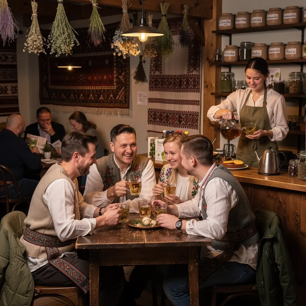 Švieži česnakai ir žolelės, naudojamos arbatos mišiniui, išdėstytos ant medinio stalo.