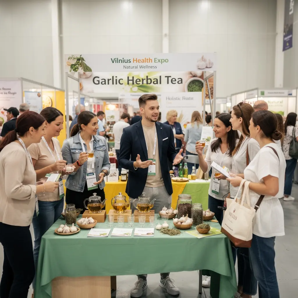 Širdies sveikatos simbolis, pavaizduotas gražiame gamtos fone, kartu su česnako žolelių arbata.