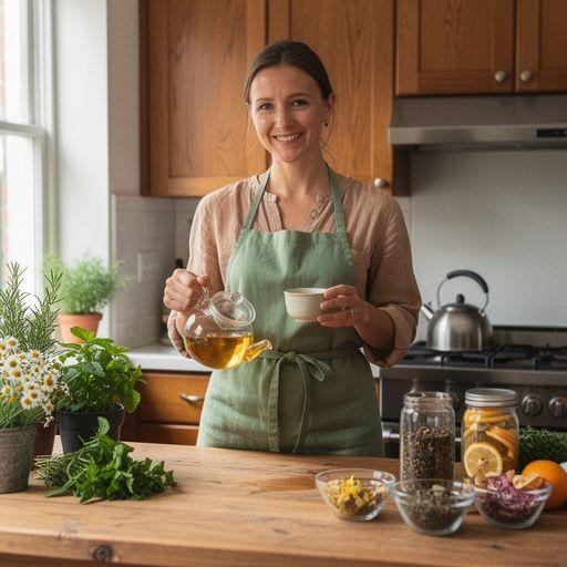 Žolelių arbatos puodelis su šviežiais žalumynais ir citrina.